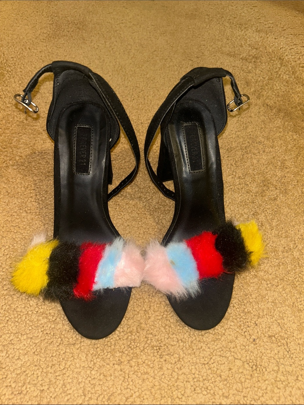 Black Ankle-Strap Sandals with Multicolor Fur Trim